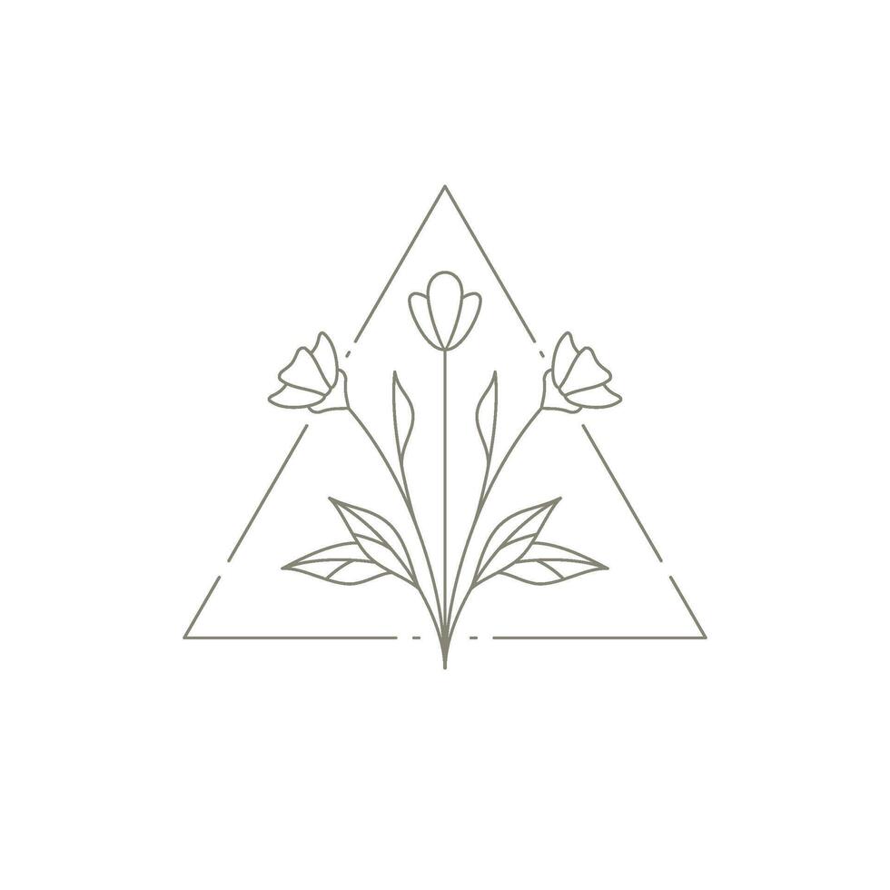 Hand drawn simple buttercup buds, petal and stem triangle frame gardening spring logo vector
