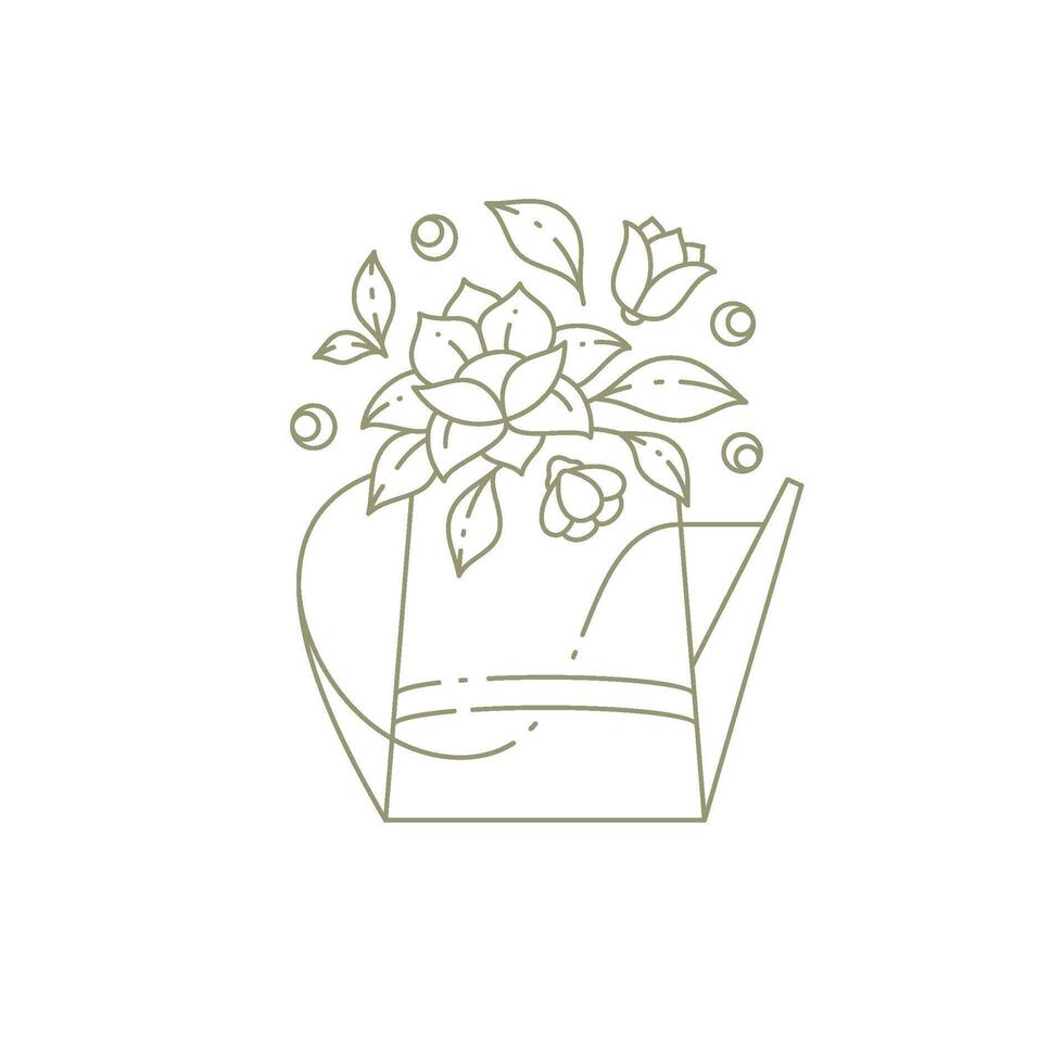Beauty bouquet with chamomile and lotus decorated by leaves and berries and rustic watering can vector