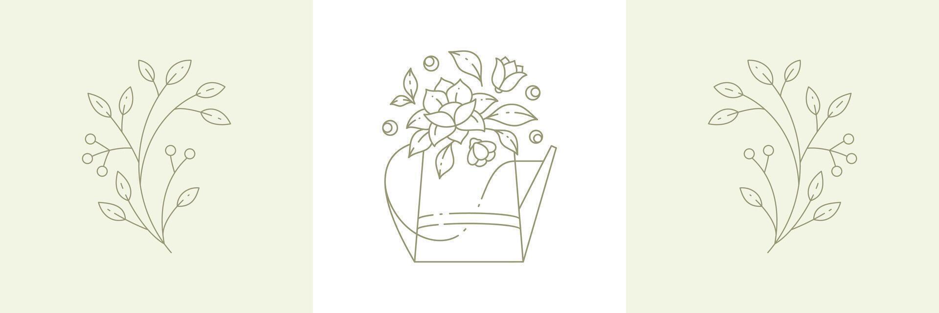 Linear simple flower bouquet with lotus in watering can and cranberry, lingonberry branches berries vector