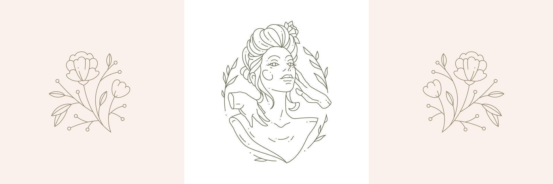 Minimalist elegant flower and blossom woman head at triangle circle frame card set vector