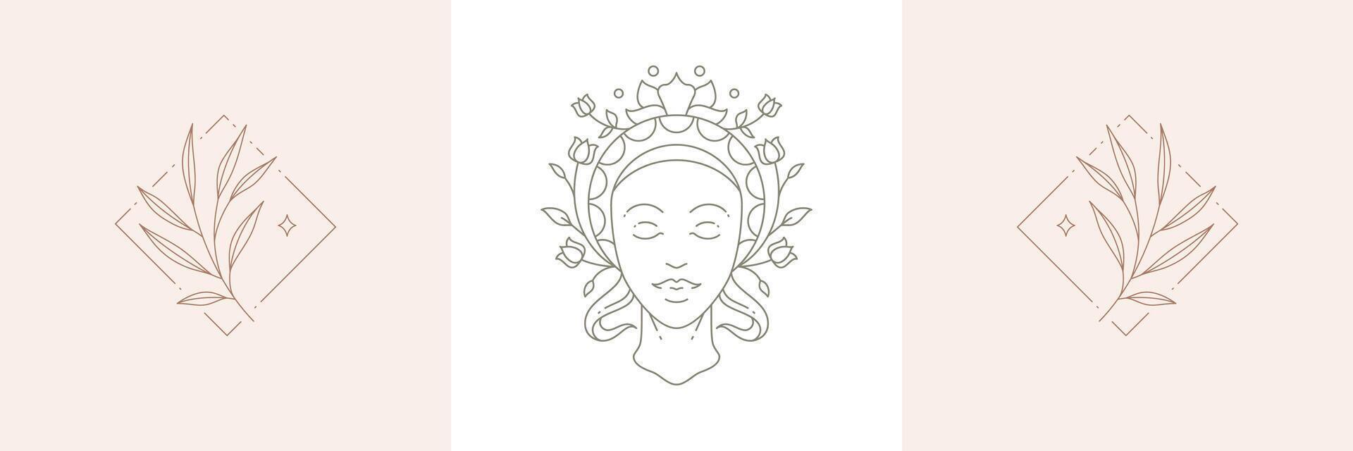 Monochrome antique goddess woman face in botanical wreath with tropical natural tree branch vector