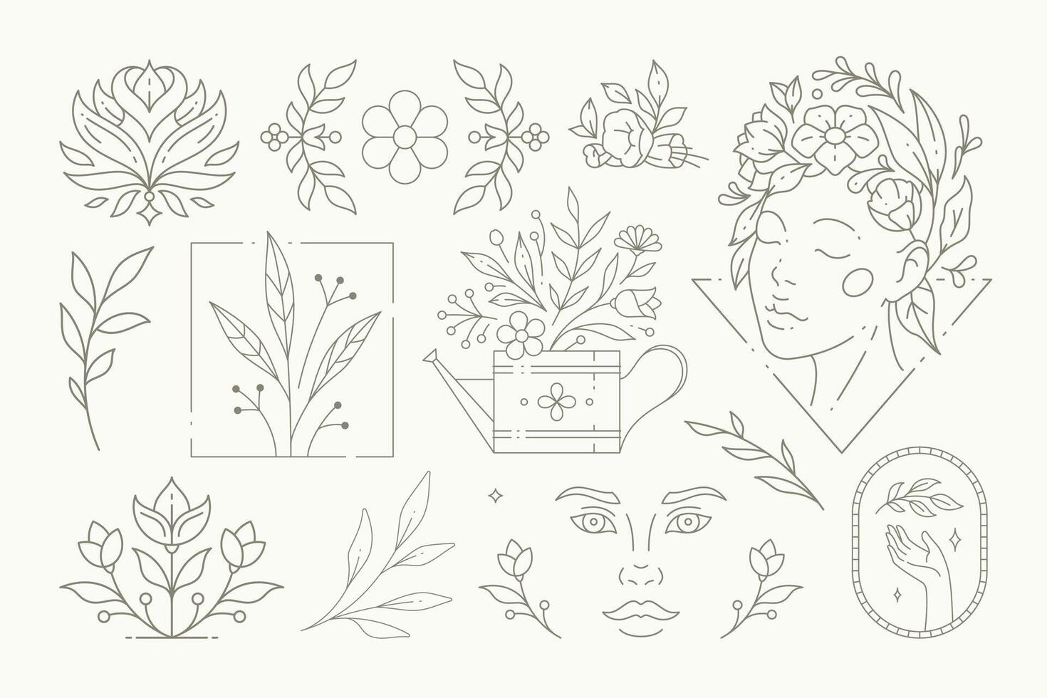 Beautiful flowers collection with botanical plants and leaves. Decorative line art flower emblems vector