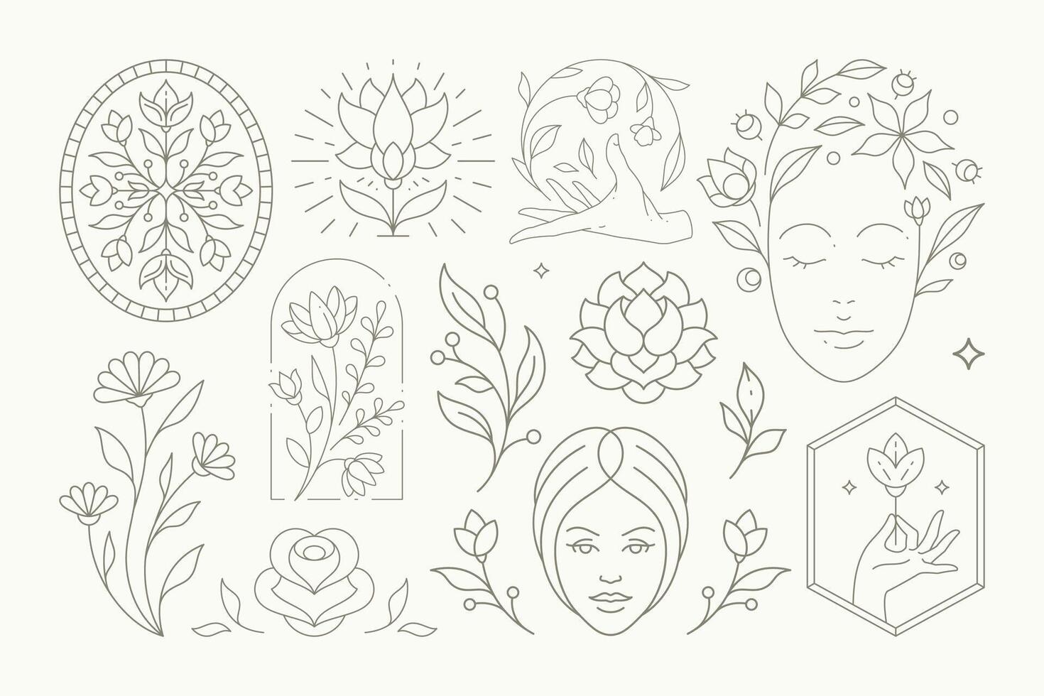 Magic esoteric flower decorative design monochrome simple line art logo set illustration vector