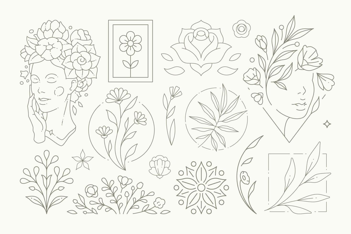 Abstract botanical flower decorative elements monochrome set illustration. Line simple decor vector