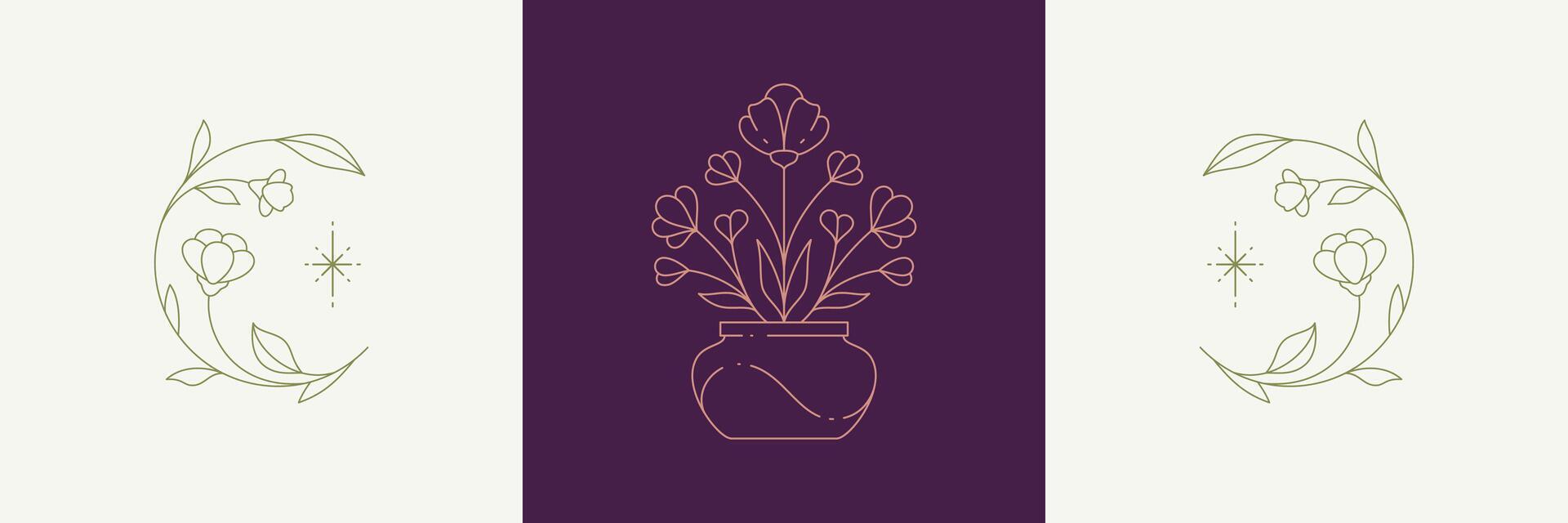 Monochrome simple logo houseplant flower in pot elegant floral circle stem with bright star card set vector