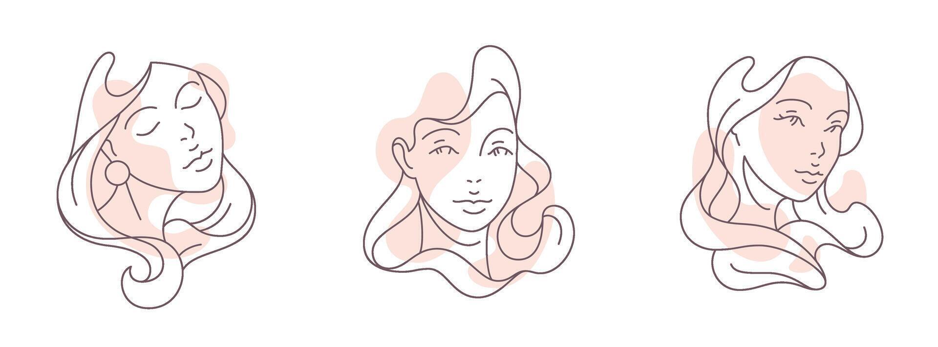 Set hand drawn abstract minimalistic woman portrait continuous line pastel spot icon vector