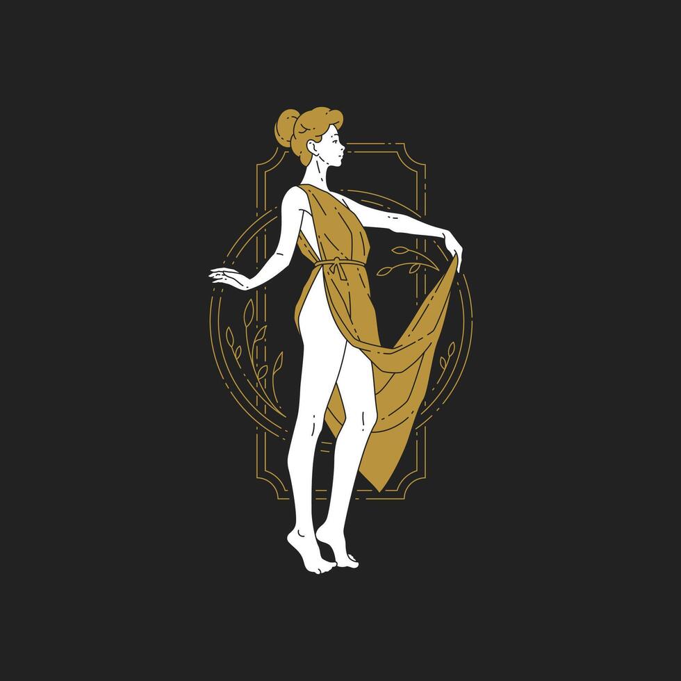 Hand drawn minimalistic ancient Greek goddess woman in dress posing at circle rectangle border vector