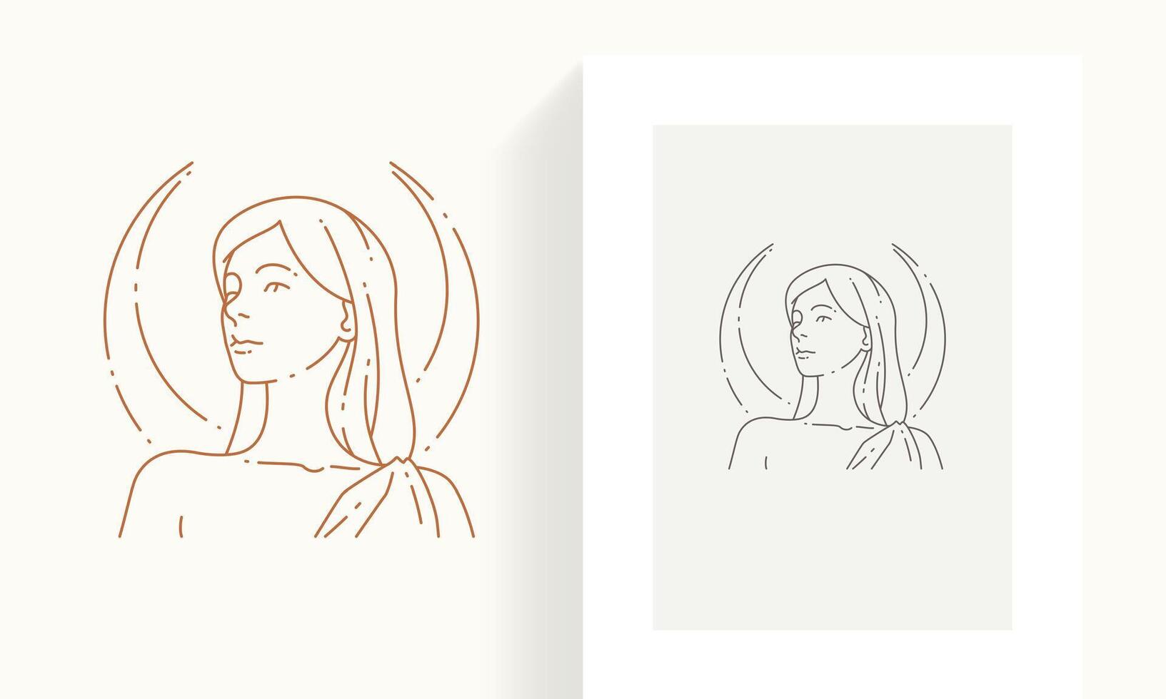 Linear simple hand drawn medieval goddess woman with half moon frame icon set illustration vector