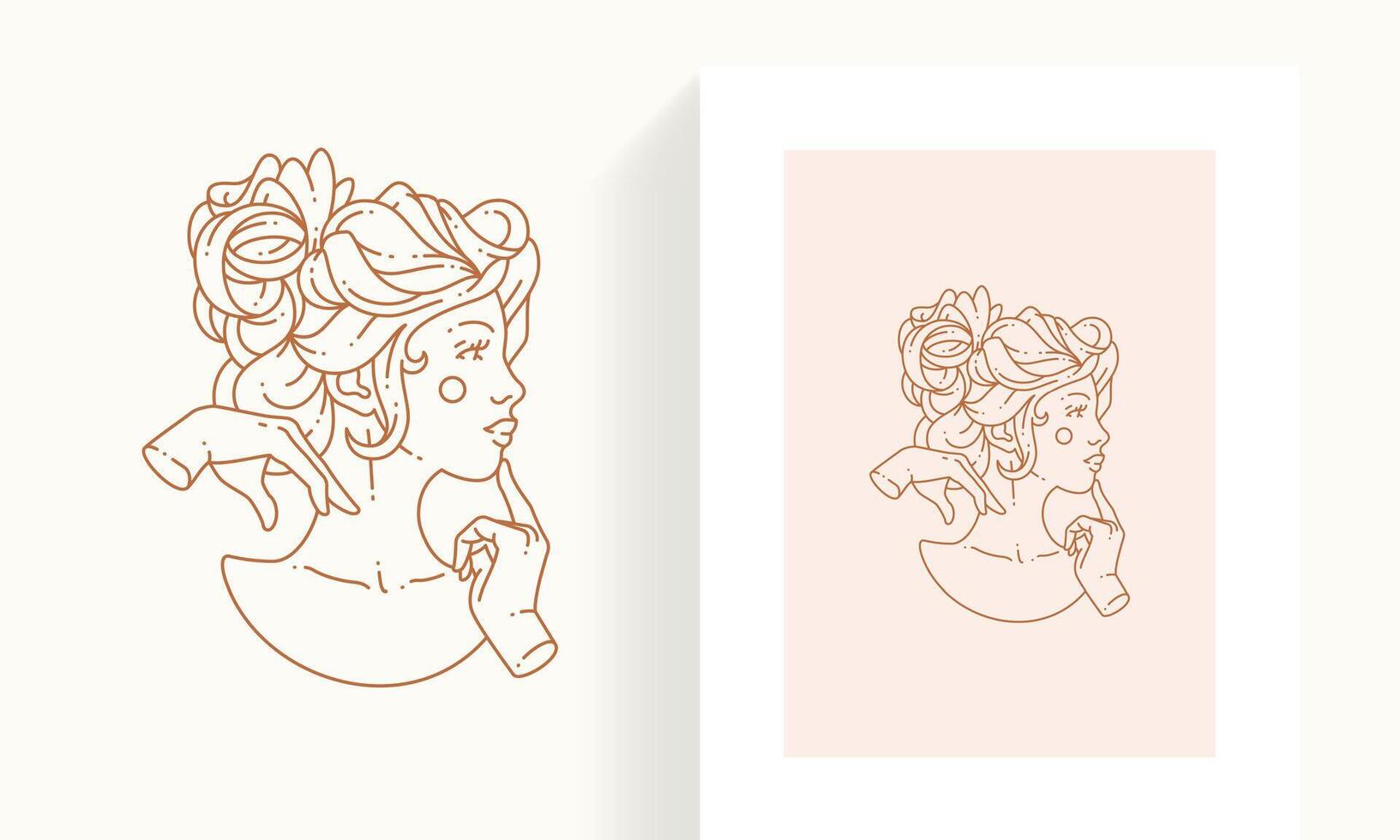 Romantic pensive feminine with waving hairstyle finger near lips line art monochrome logo card set vector