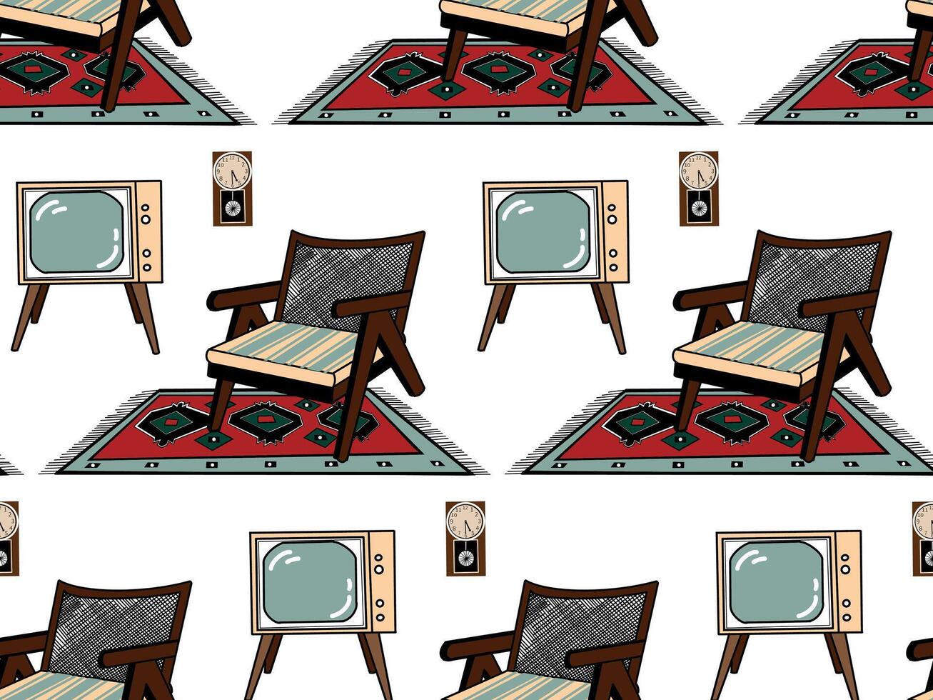 Seamless pattern, hand-drawn in on the theme of living room design, armchair, TV, wall clock. Drawn in in different colors. For printing on paper and fabric, interior design vector