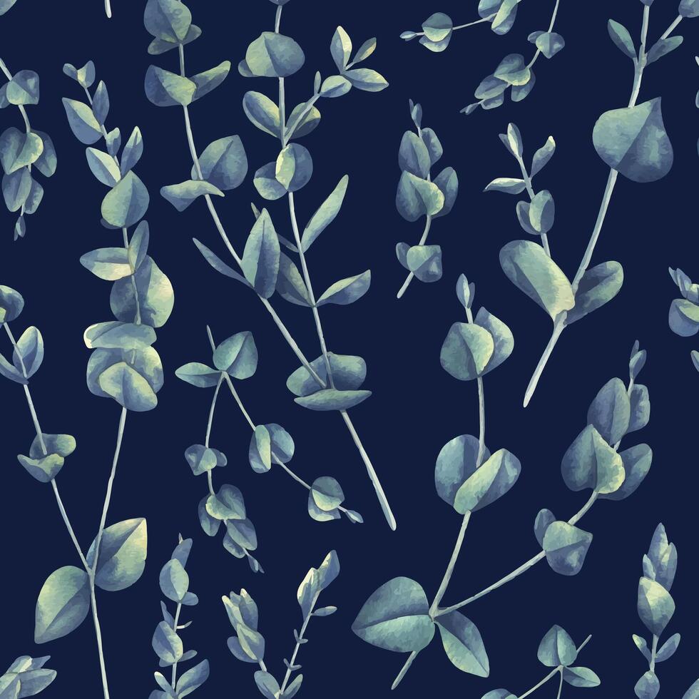 Eucalyptus branches on a dark background. watercolor illustration. Seamless pattern from the WEDDING FLOWERS collection. For decoration and design of fabric, textiles, wallpaper, decor. vector