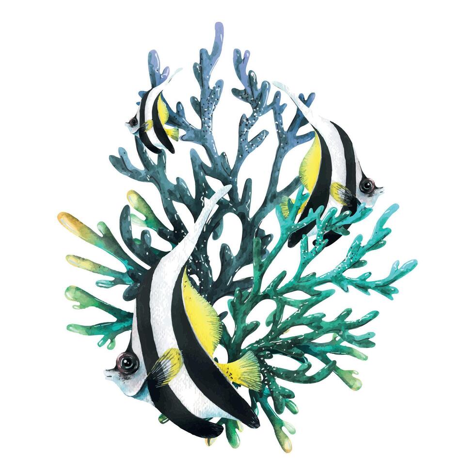 Tropical fish are striped in the thickets of coral reefs. Watercolor illustration. Composition for the design and decoration of banners, posters, stickers, souvenirs, postcards, websites, prints. vector