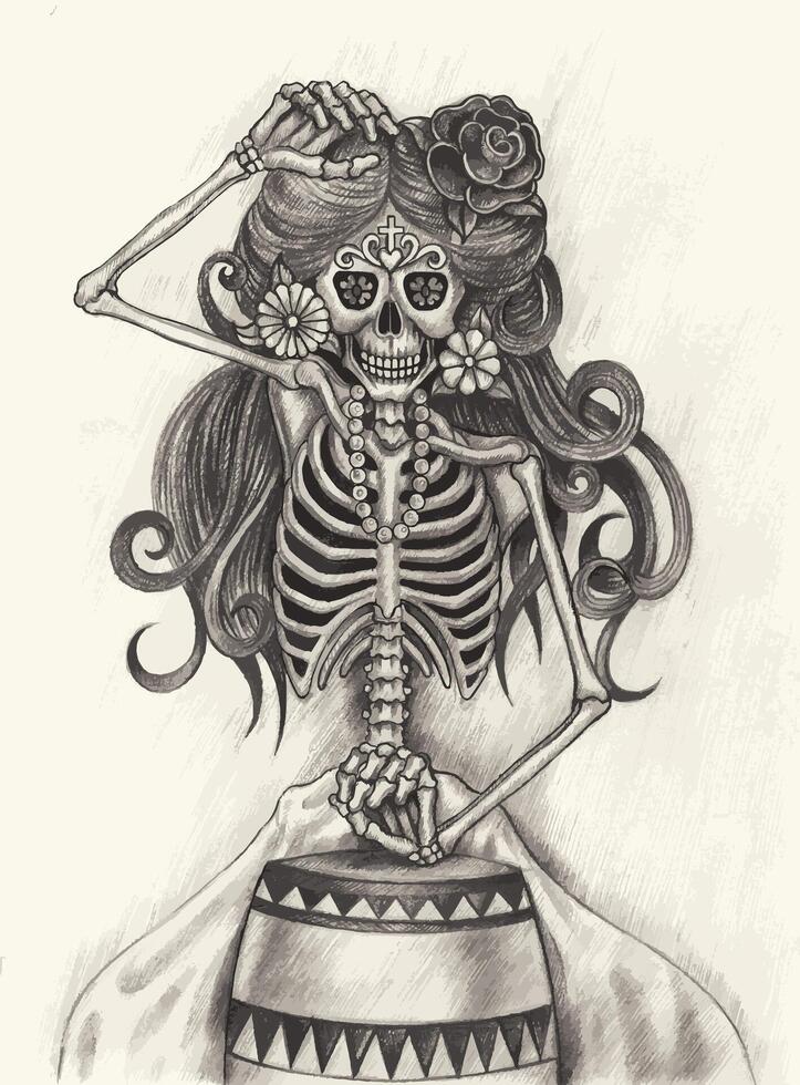 Sugar skull playing drum day of the dead design by hand drawing on paper. vector