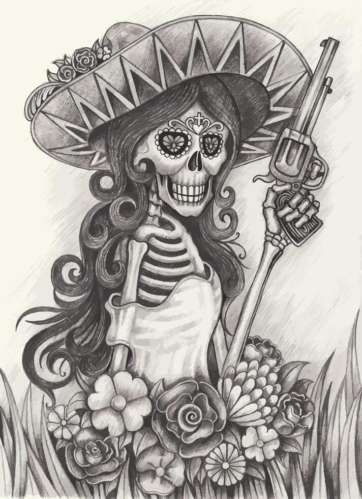 Sugar skull mexican day of the dead design by hand drawing on paper. vector