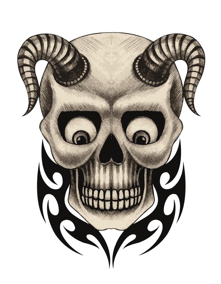 Demon skull tattoo design by hand drawing on paper. vector