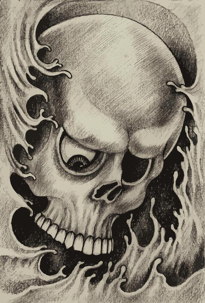 Skull tattoo surreal art day of the dead design by hand drawing on paper. vector