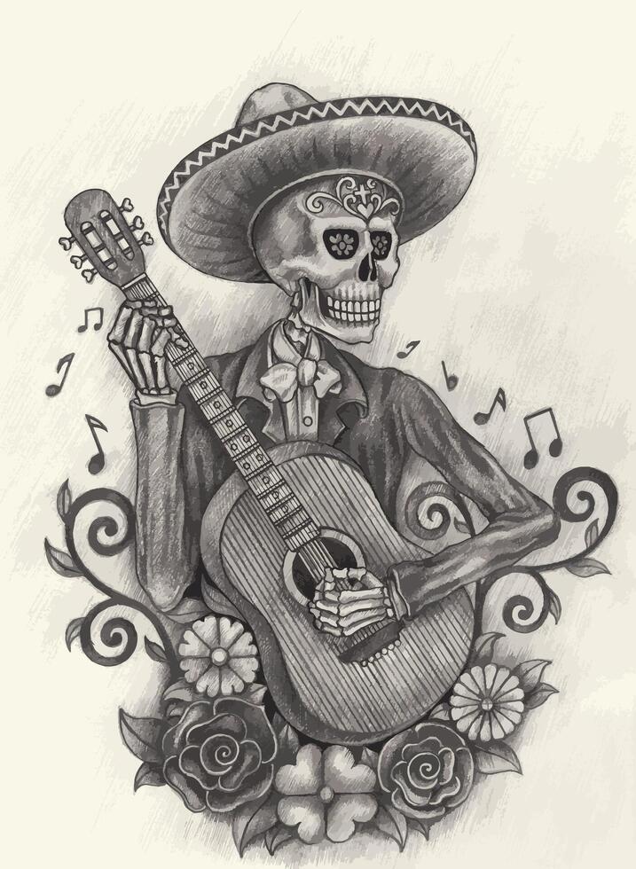 Mariachi skeleton playing guitar day of the dead design by hand drawing on paper. vector