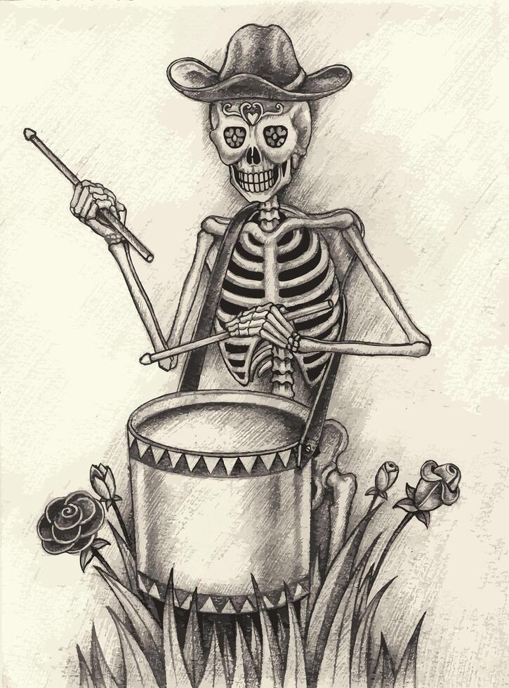 Sugar skull playing drum day of the dead design by hand drawing on paper. vector