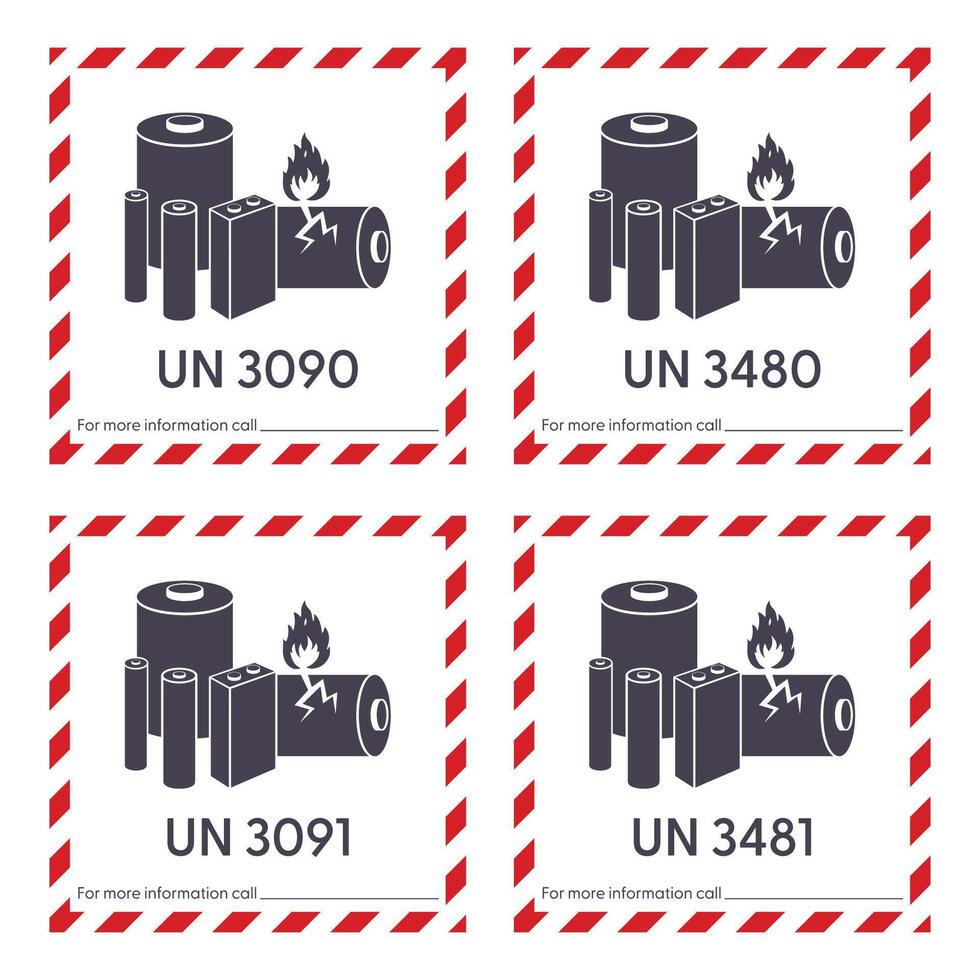 UN3090, UN3091, UN3480, UN3481 lithium ion battery shipping labels set vector