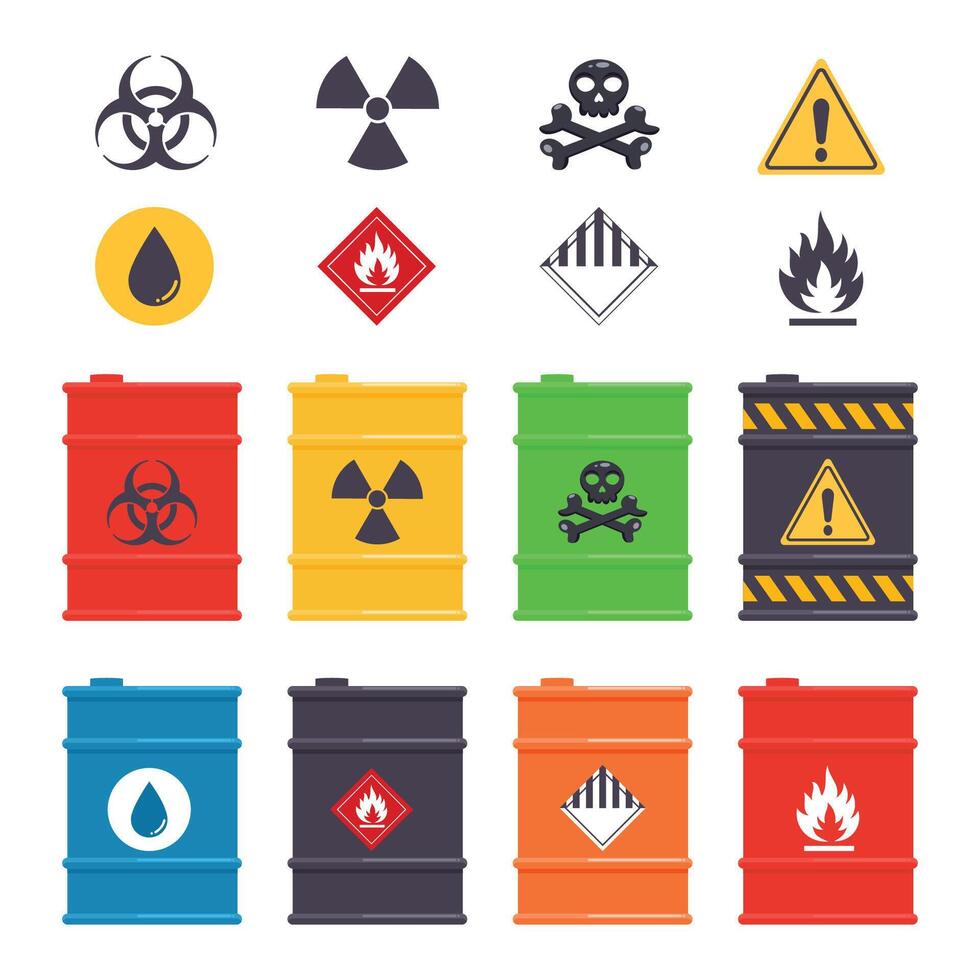 Toxic waste chemical barrels and symbol icon graphic set vector