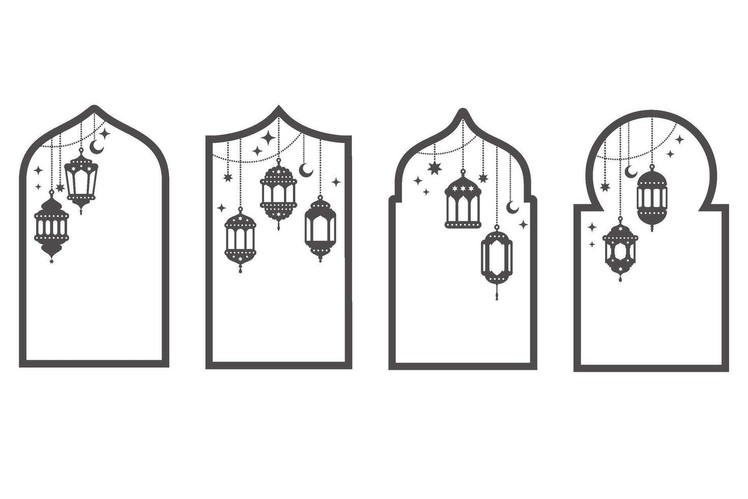 Ramadan frame with lanterns. Muslim decorated window. Islamic outline arch template. Traditional illustration for greeting card post and banner design. vector