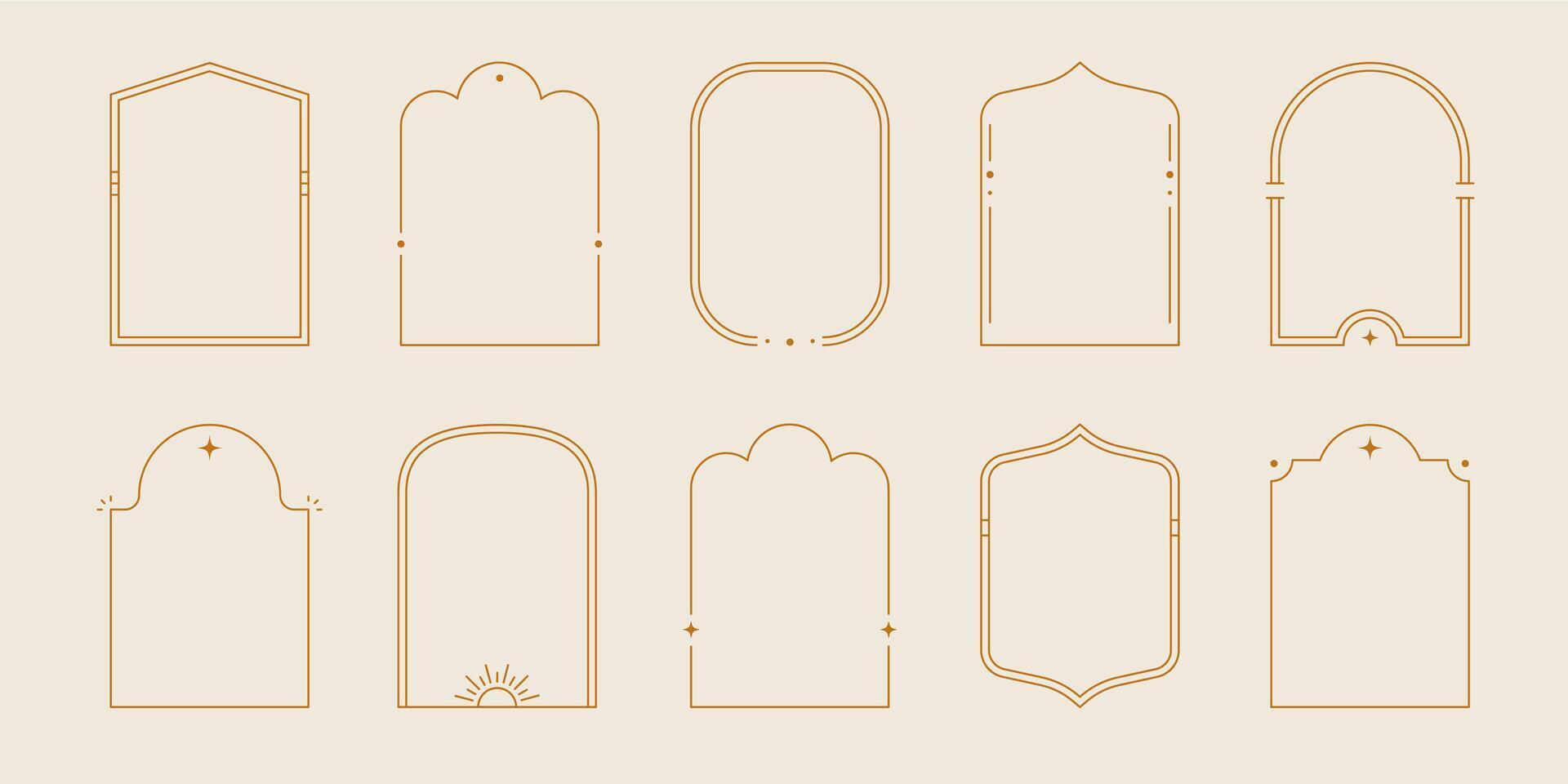 Line arch frame set. Minimal line style arch, oval shape boho frame element for badge, logo design. vector
