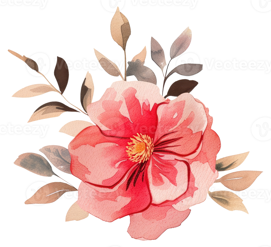 Watercolor Blooming Pink Flower with Green Leaves Illustration for Botanical Decor and Greeting Cards. png
