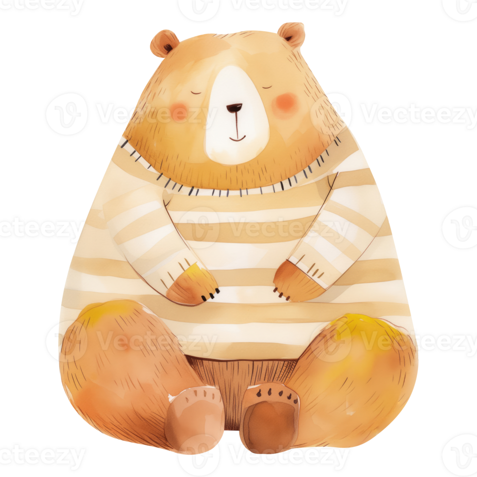 Cute watercolor illustration of a smiling bear wearing a striped sweater suitable for nursery wall art and children's design png