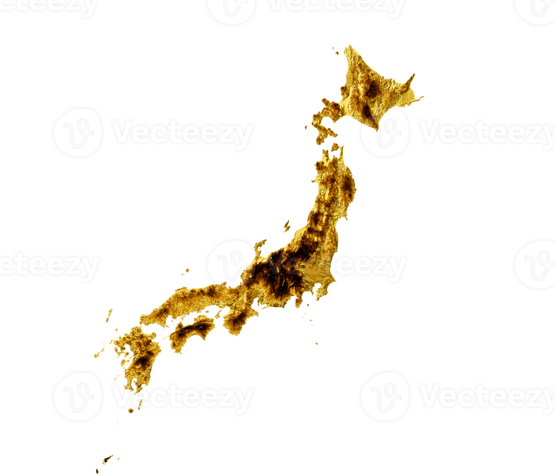 Japan Map Golden metal Color Height map 3d illustration png