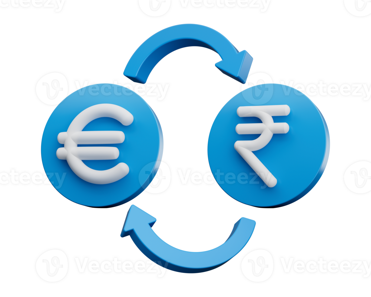 3d White Euro And Rupee Symbol On Rounded Blue Icons With Money Exchange Arrows, 3d illustration png
