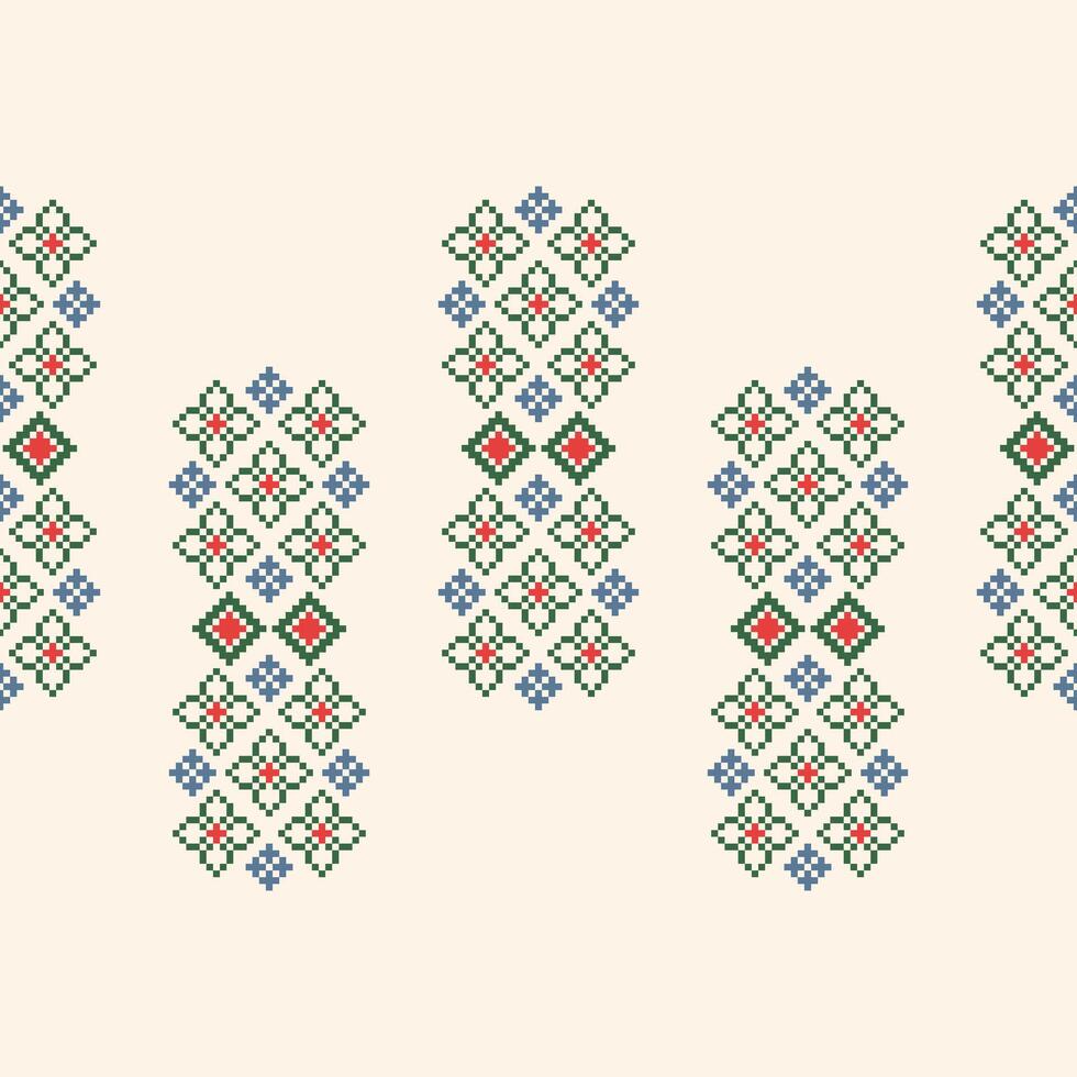 Traditional ethnic motifs ikat geometric fabric pattern cross stitch.Ikat embroidery Ethnic oriental Pixel brown cream background. Abstract,illustration. Texture,scarf,decoration,wallpaper. vector