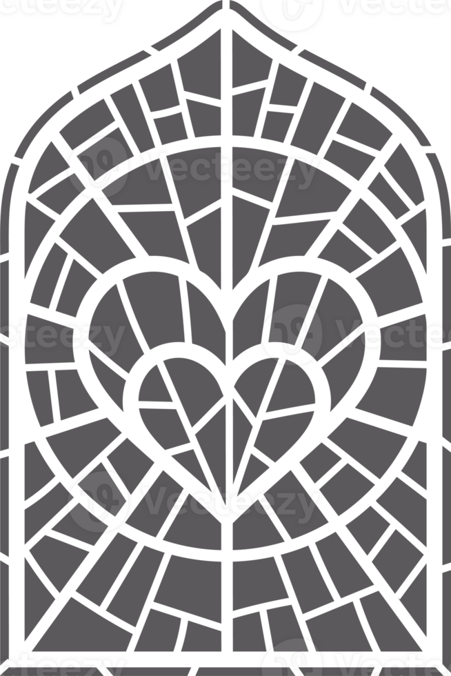 Church glass window. Gothic arch frame with medieval symbol. Vintage architecture element. Stained mosaic decoration with heart png