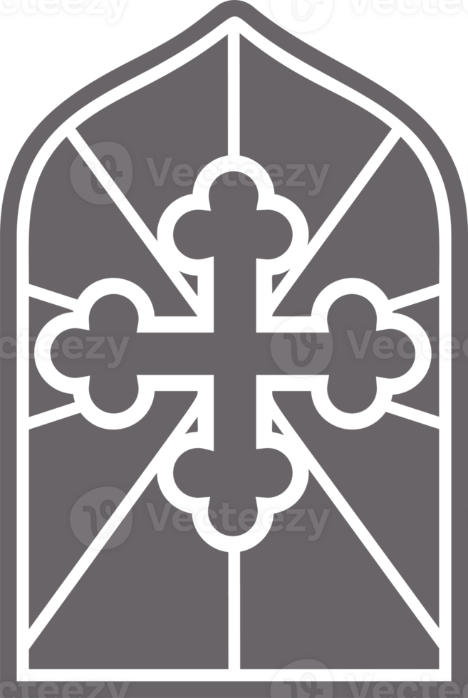 Church glass window. Gothic arch frame with medieval symbol. Vintage architecture element. Stained mosaic decoration with cross png