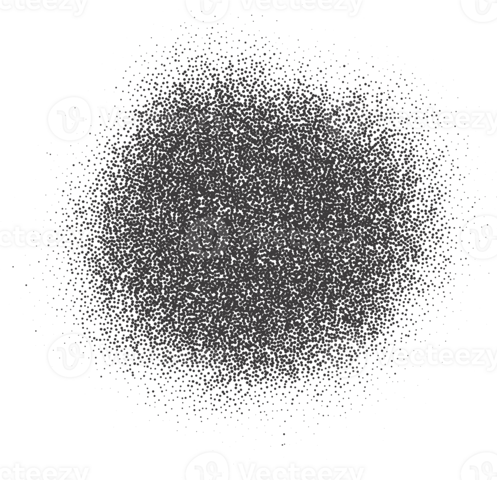 Halftone dotted circle shape. Stipple blob. Noisy abstract design element with grainy shadow texture. Random organic fluid. png