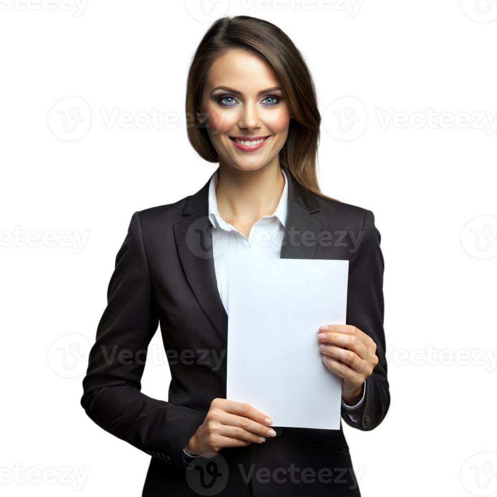 Businesswoman presenting blank paper on transparent background png