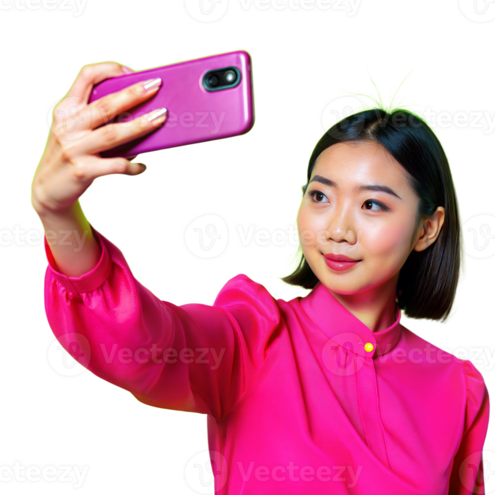 Young woman taking a selfie with a smartphone png