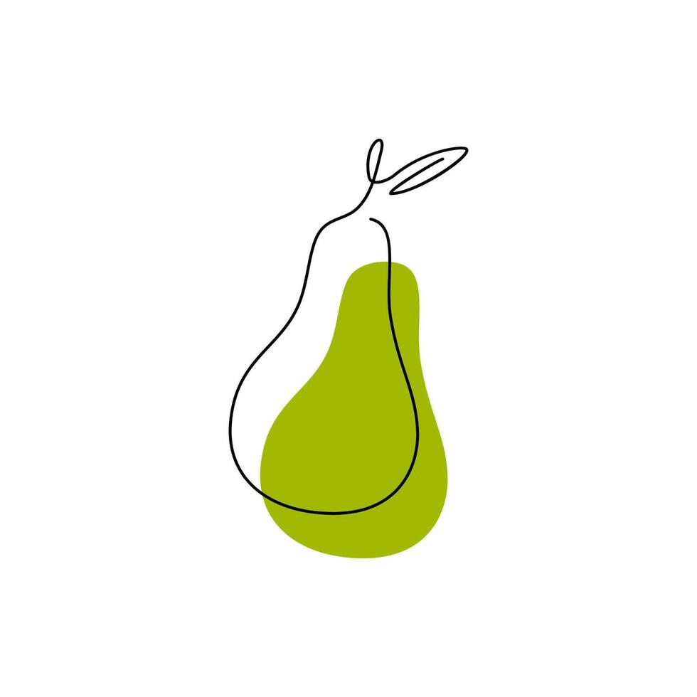 Pear in continuous contour drawing. Silhouette fruit in one line style with abstract color spot. Organic simple logo concept design isolated on white. Harvest hand drawn flat illustration vector