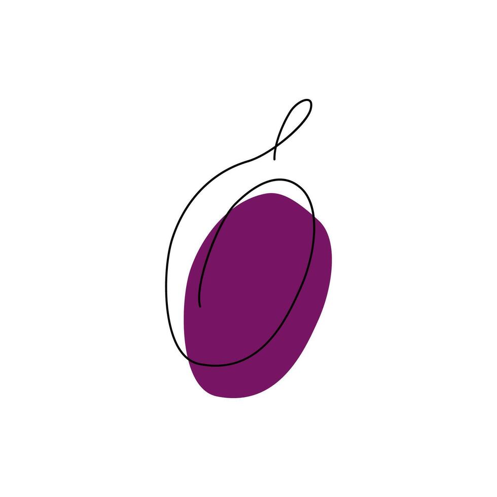 Plum in one line style with abstarct color spot. Minimalist black continuous contour art drawing. Fruit simple logo concept design. Sweet organic dessert silhouette hand drawn flat illustration vector