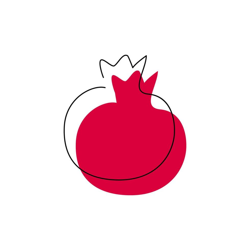 Pomegranate in modern single one line art with abstract red color spot. Fruit logo continuous contour drawing. Farmer market outline icon concept design. Hand drawn flat illustration isolated vector