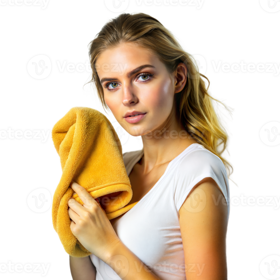 Young woman holding yellow towel on transparent background png