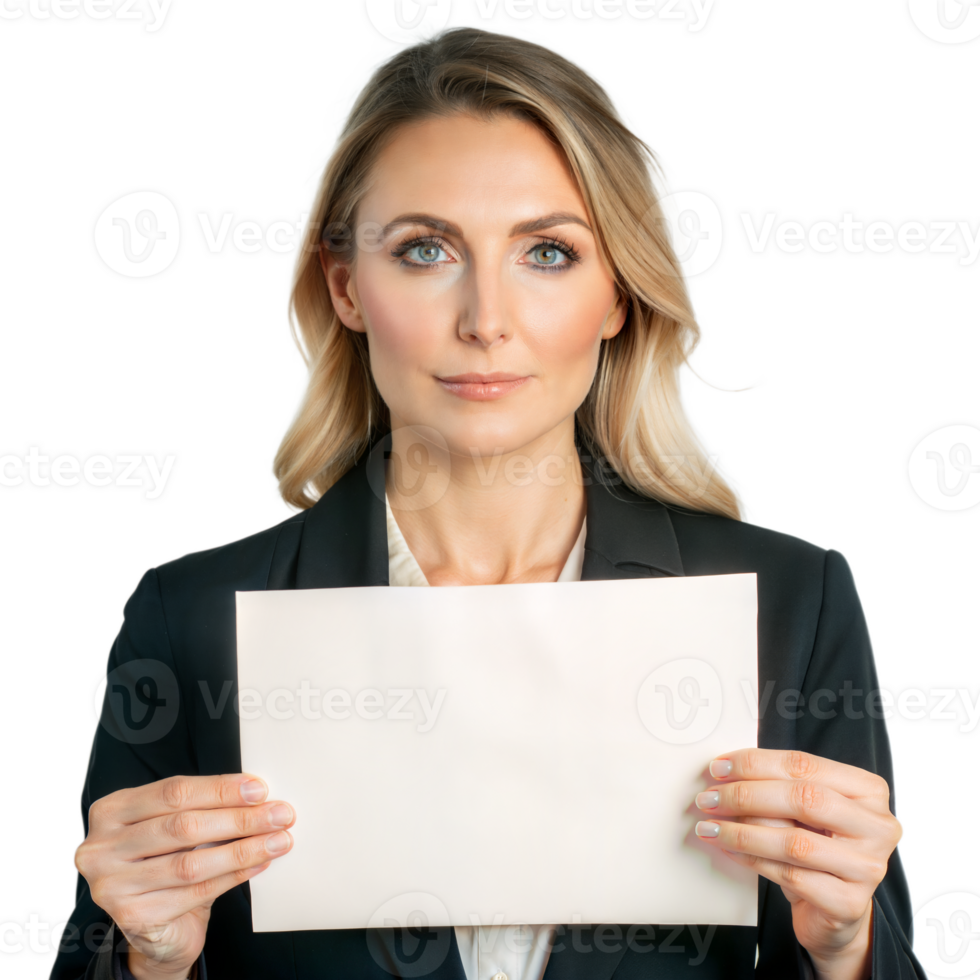 Businesswoman holding blank sign on transparent background png