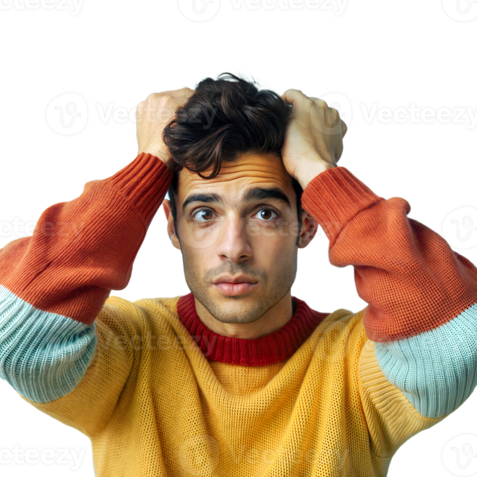 Confused young man in colorful sweater on transparent background png