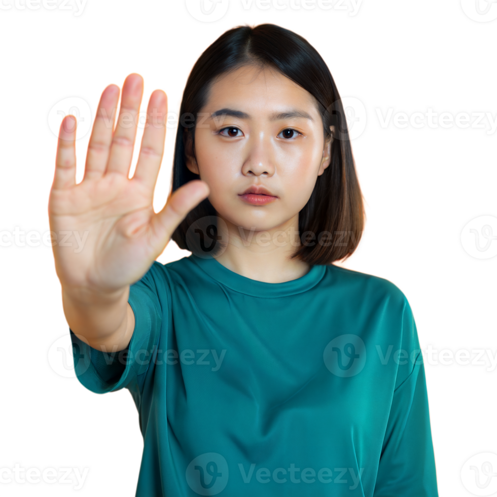 Woman making stop gesture with open hand on transparent background png