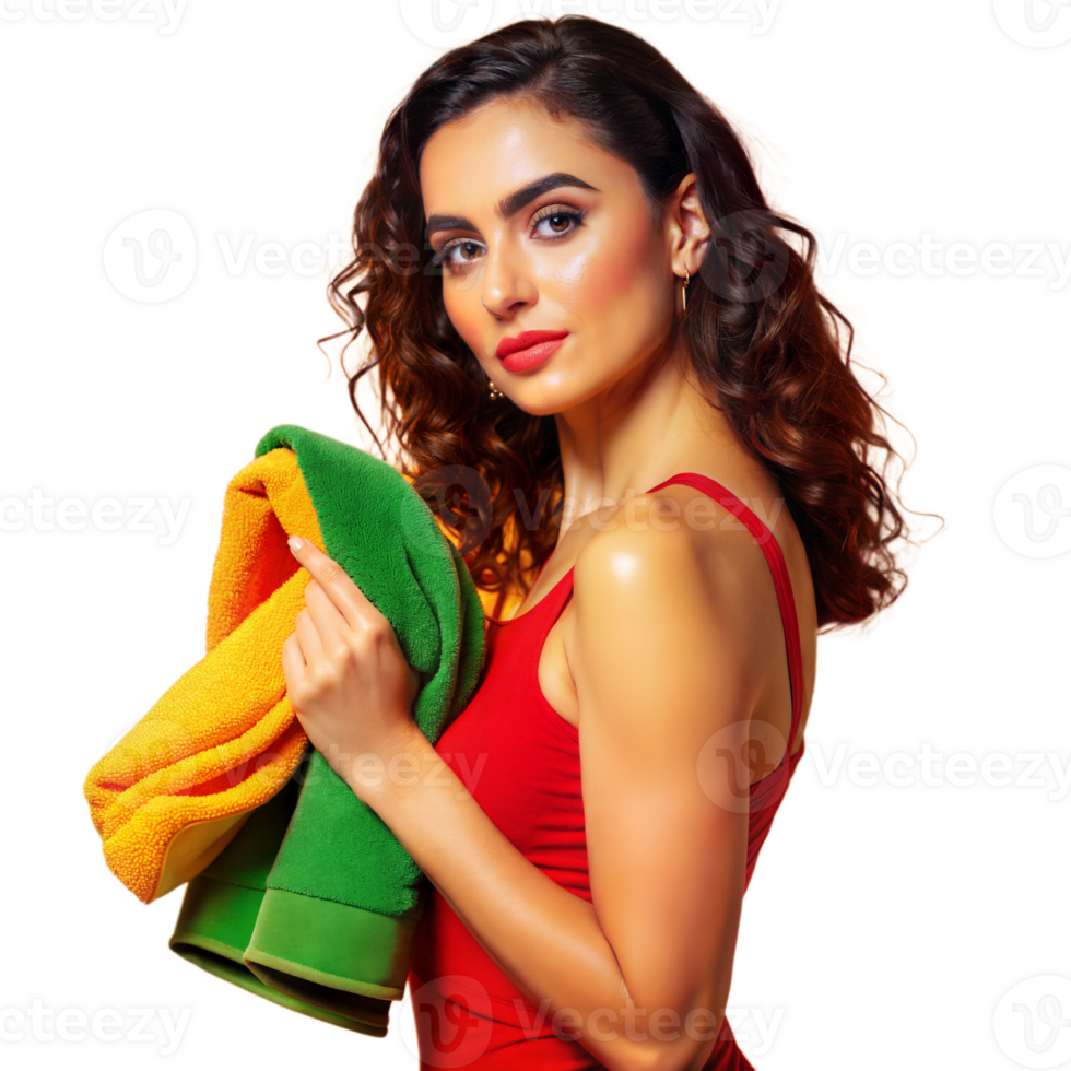 Woman holding colorful towels with confident expression png