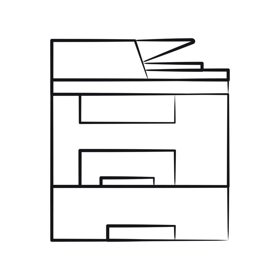 Sketch of Multifunction devices. MFP - office printer and scanner. Xerox drawn in pencil. Contour technique. Linear Technology. Photocopy, carbon copy. Isolated object. illustration vector