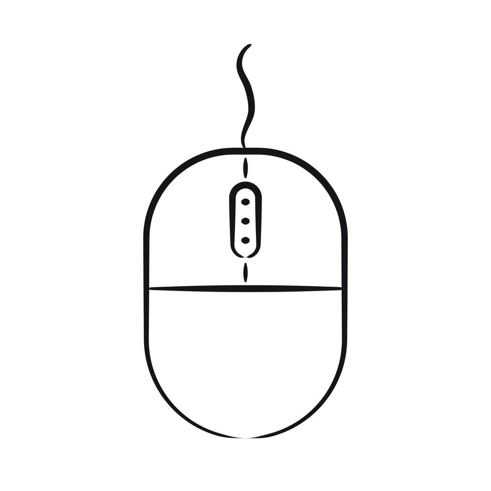 Sketch Computer Mouse with wheel drawn by hand with pencil. Wired Device for cursor control. Contour technology. Line equipment for laptop. Isolated object on white background. illustration vector