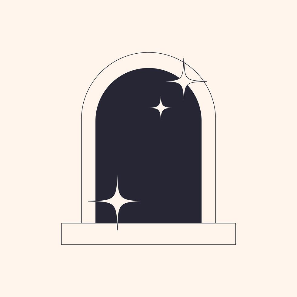 Frame Stars Y2k aesthetic. Isolated. Space portal. Thin lines with glitter. Border with sparkles. Mystical Arch. Geometric shapes, trendy 90s style. Astrology. Monochrome black. illustration vector