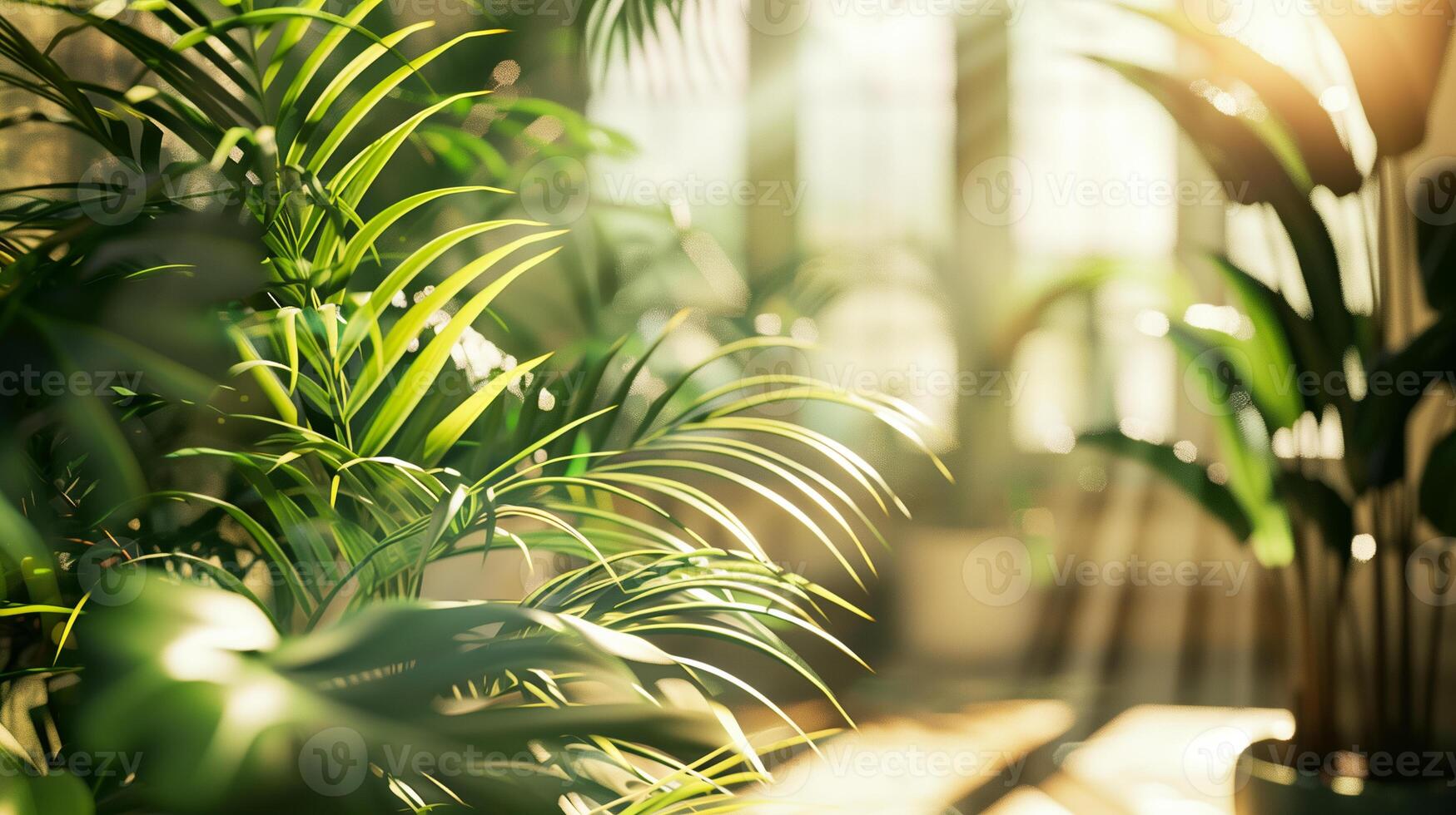 The lush green leaves of a tropical plant bask in the warm sunlight, creating a tranquil and inviting atmosphere. photo