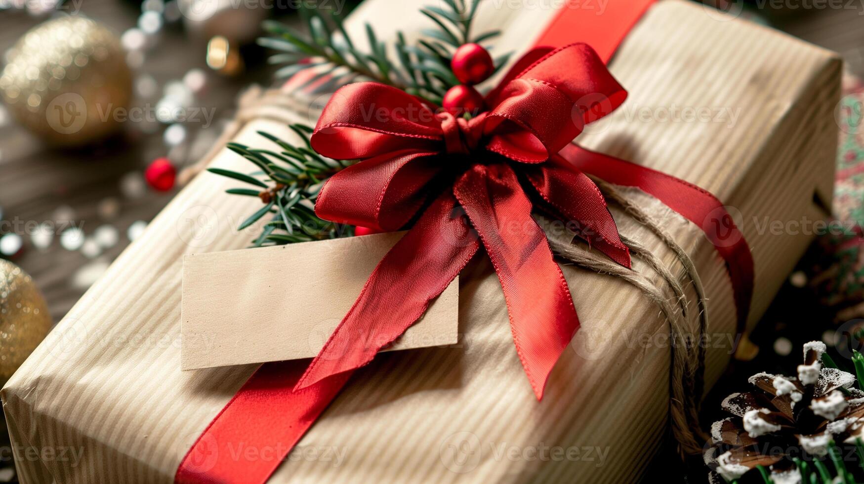 A beautifully wrapped present with a red bow and a blank gift tag sits on a wooden table scattered with ornaments and pine cones. photo