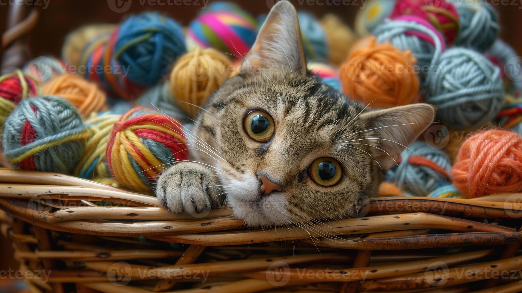 A cat peeking out from a basket overflowing with colorful yarn balls, pretending to be a monster photo